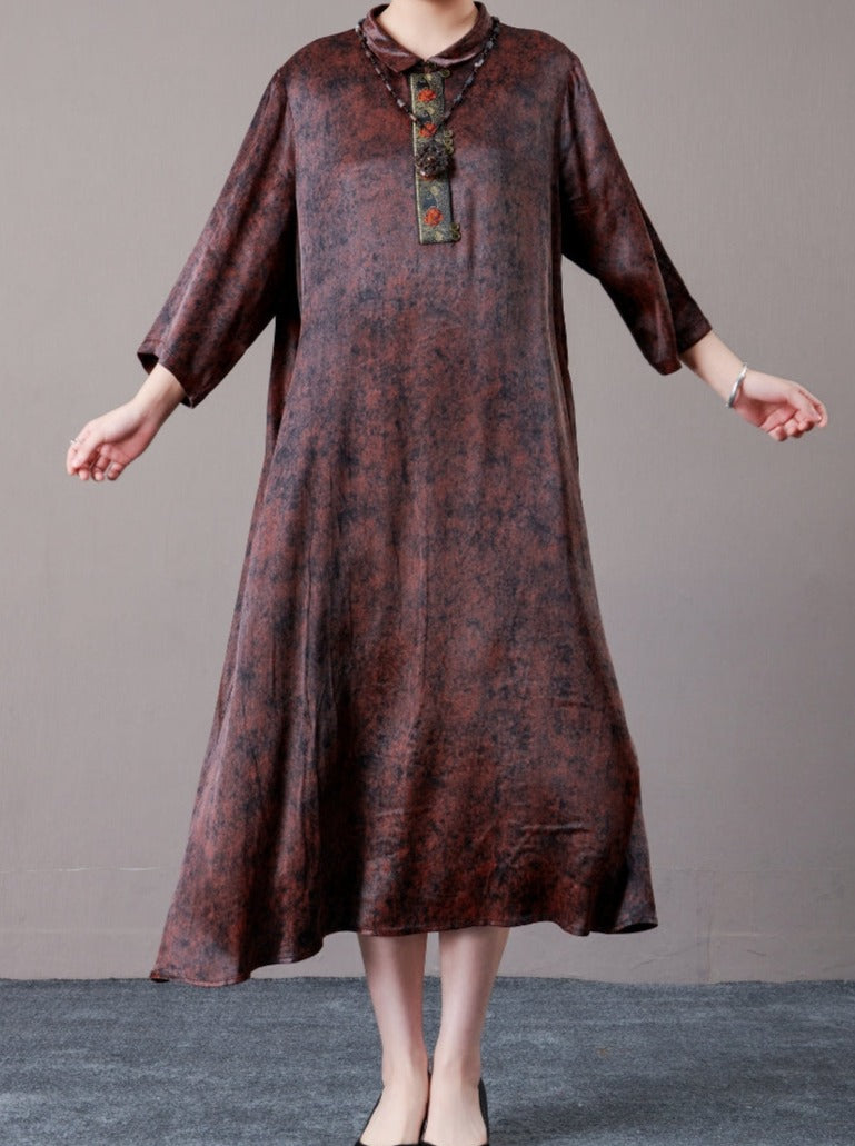 Vintage Brown A-Line Dress with Floral Embellishment