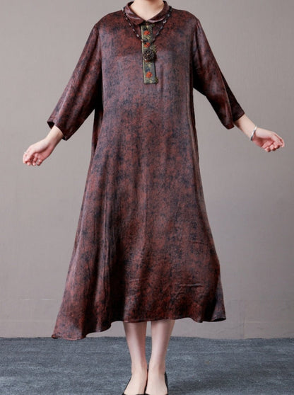 Vintage Brown A-Line Dress with Floral Embellishment