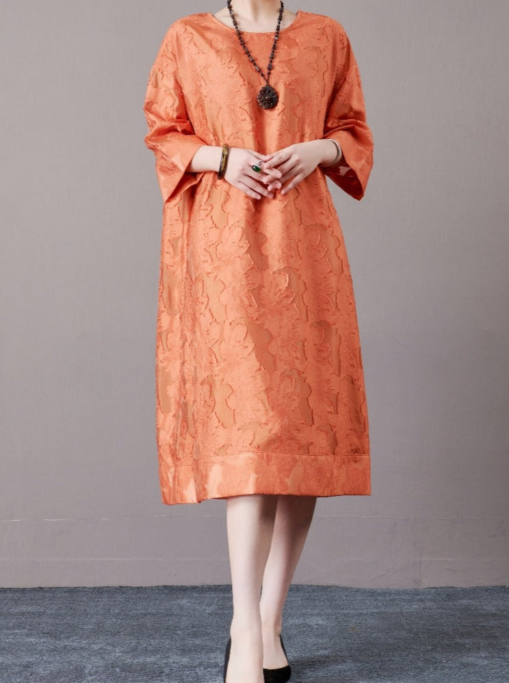 Elegant Burnt Orange A-Line Dress with Textured Detail