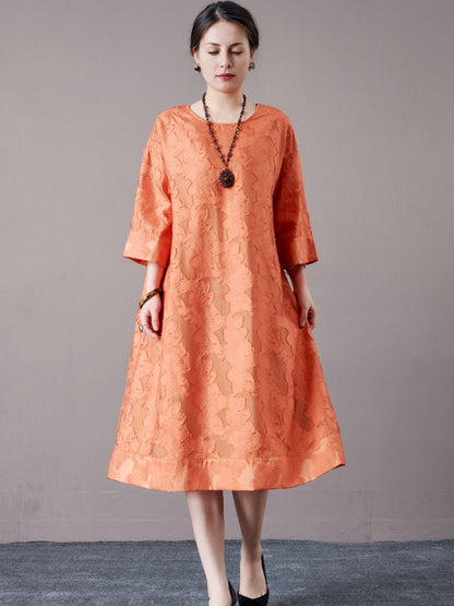 Elegant Burnt Orange A-Line Dress with Textured Detail