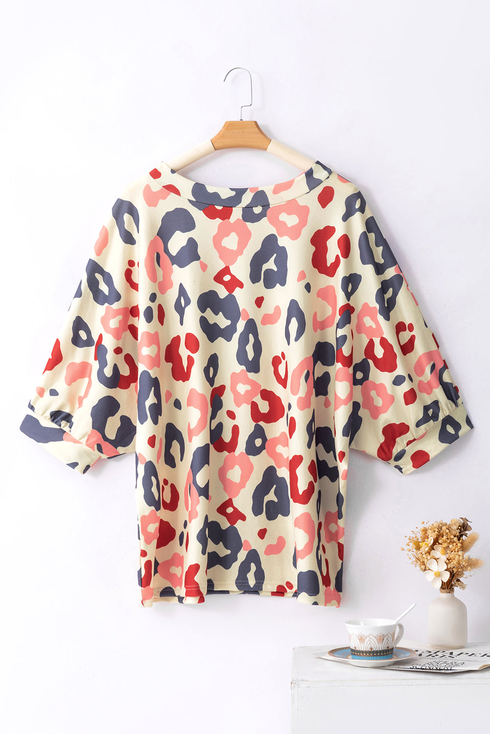 Leopard Print Batwing Sleeve White Plus Blouse