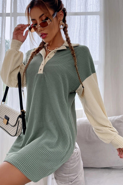 Green Bay Lattice Textured Color Block Patchwork Long Sleeve Button Collared Mini Dress