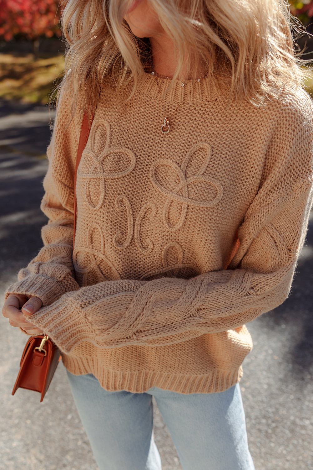 Camel Flower Crochet Cable Knit Drop Sleeve Sweater