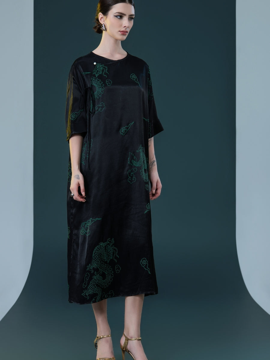 Black Silk Dragon Print Midi Dress