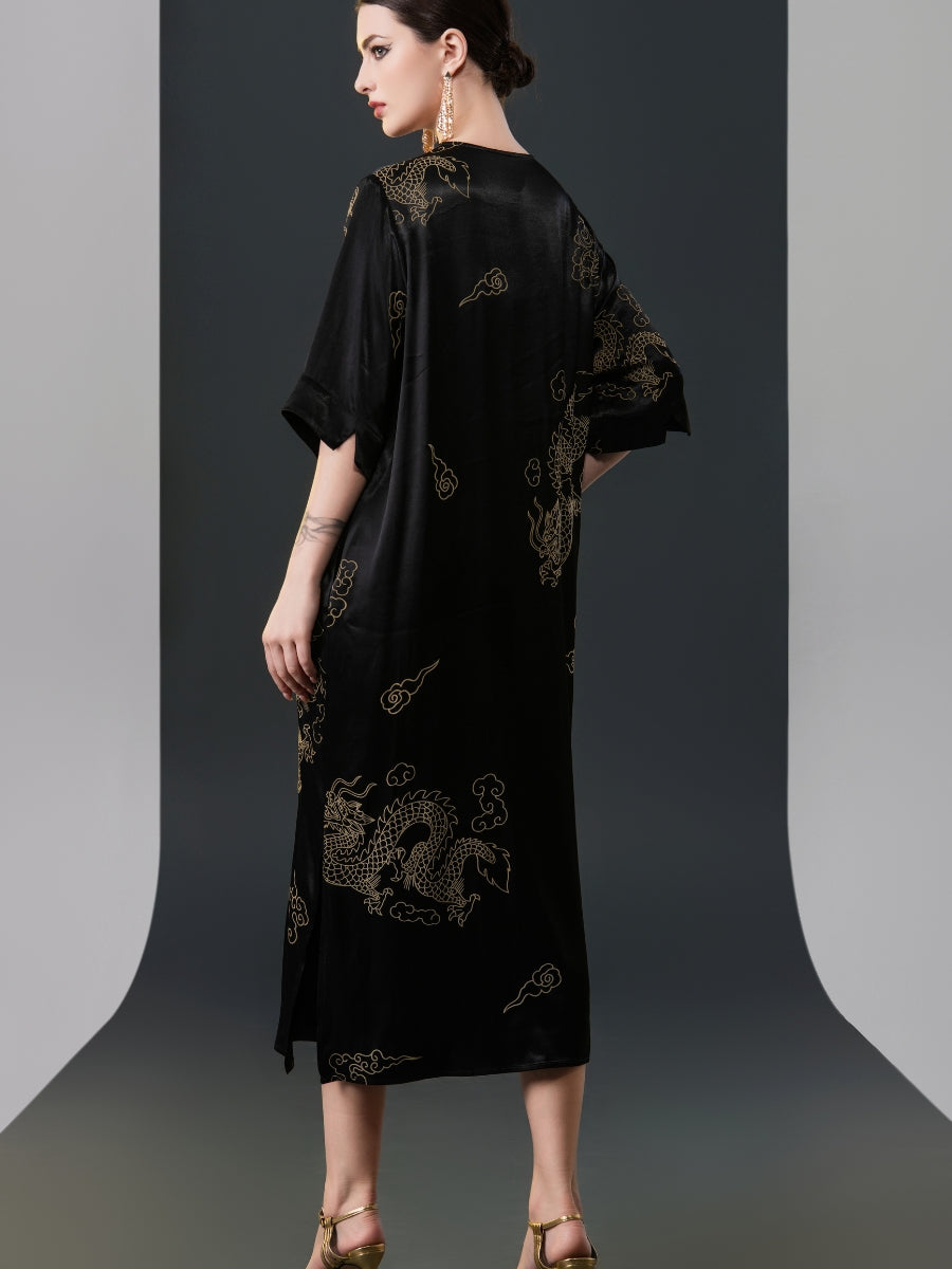 Black Silk Dragon Print Midi Dress