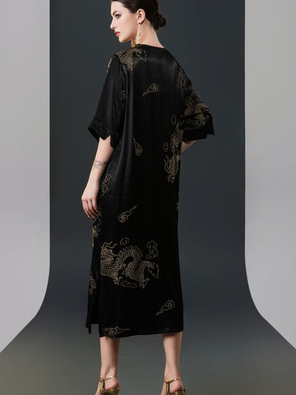 Black Silk Dragon Print Midi Dress
