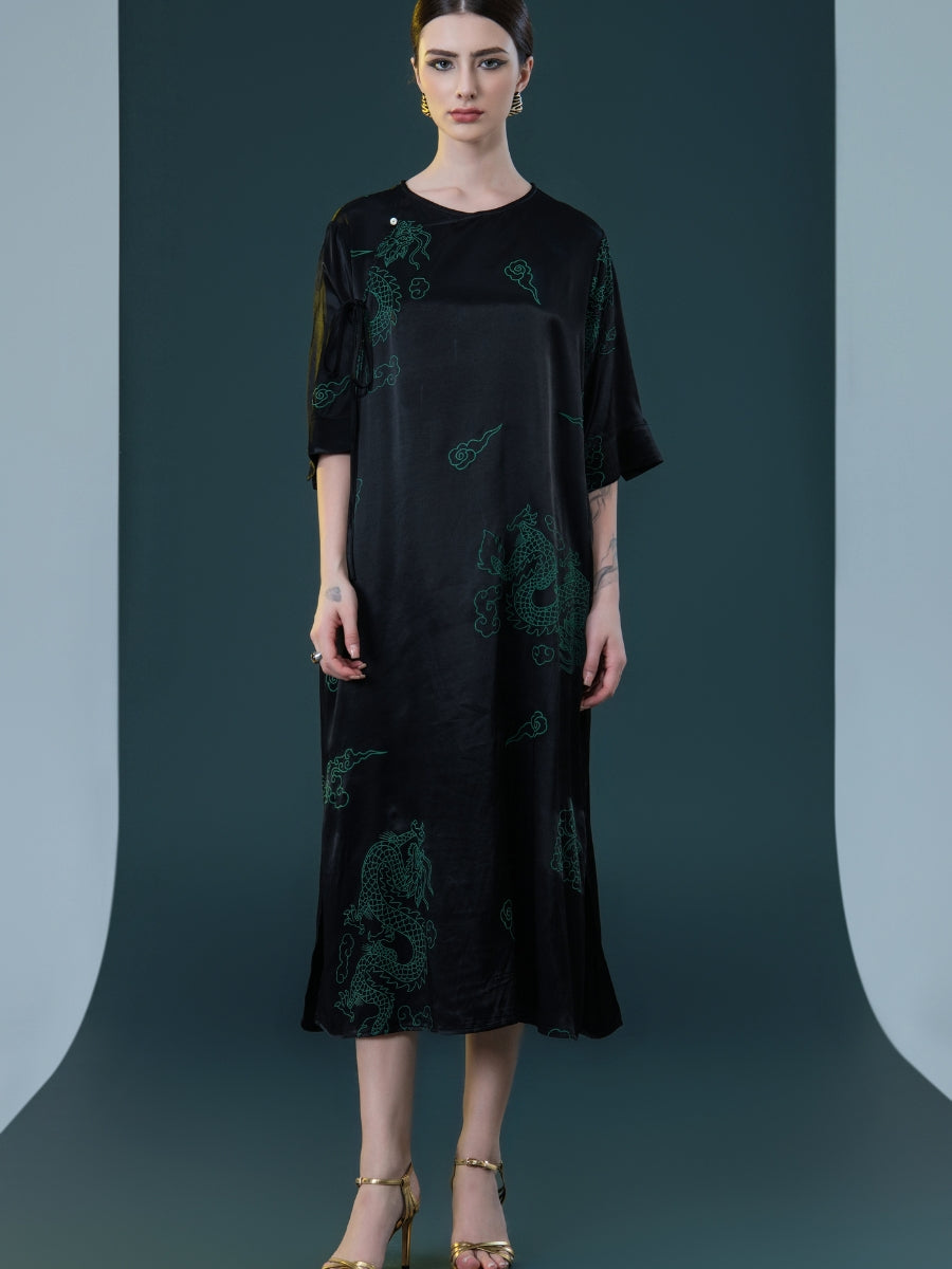 Black Silk Dragon Print Midi Dress