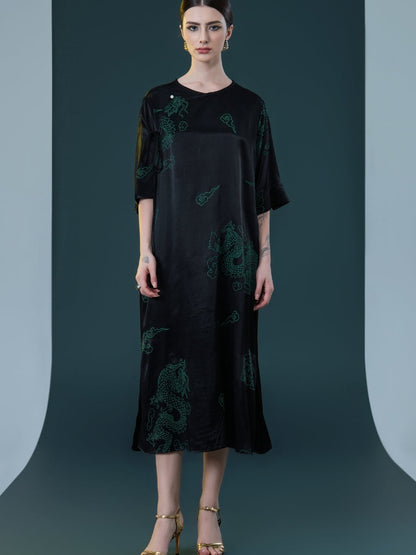 Black Silk Dragon Print Midi Dress