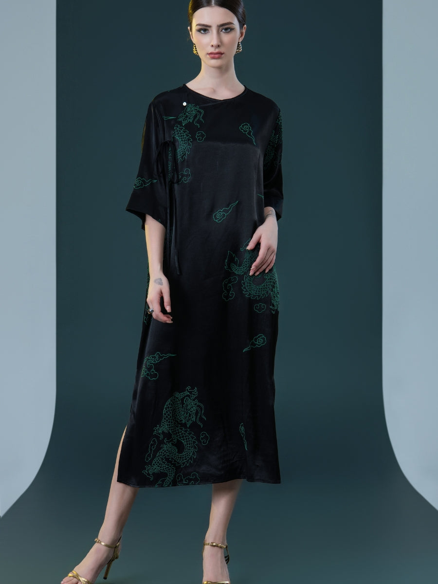 Black Silk Dragon Print Midi Dress