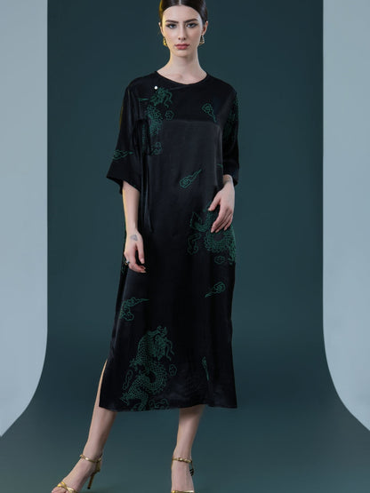 Black Silk Dragon Print Midi Dress