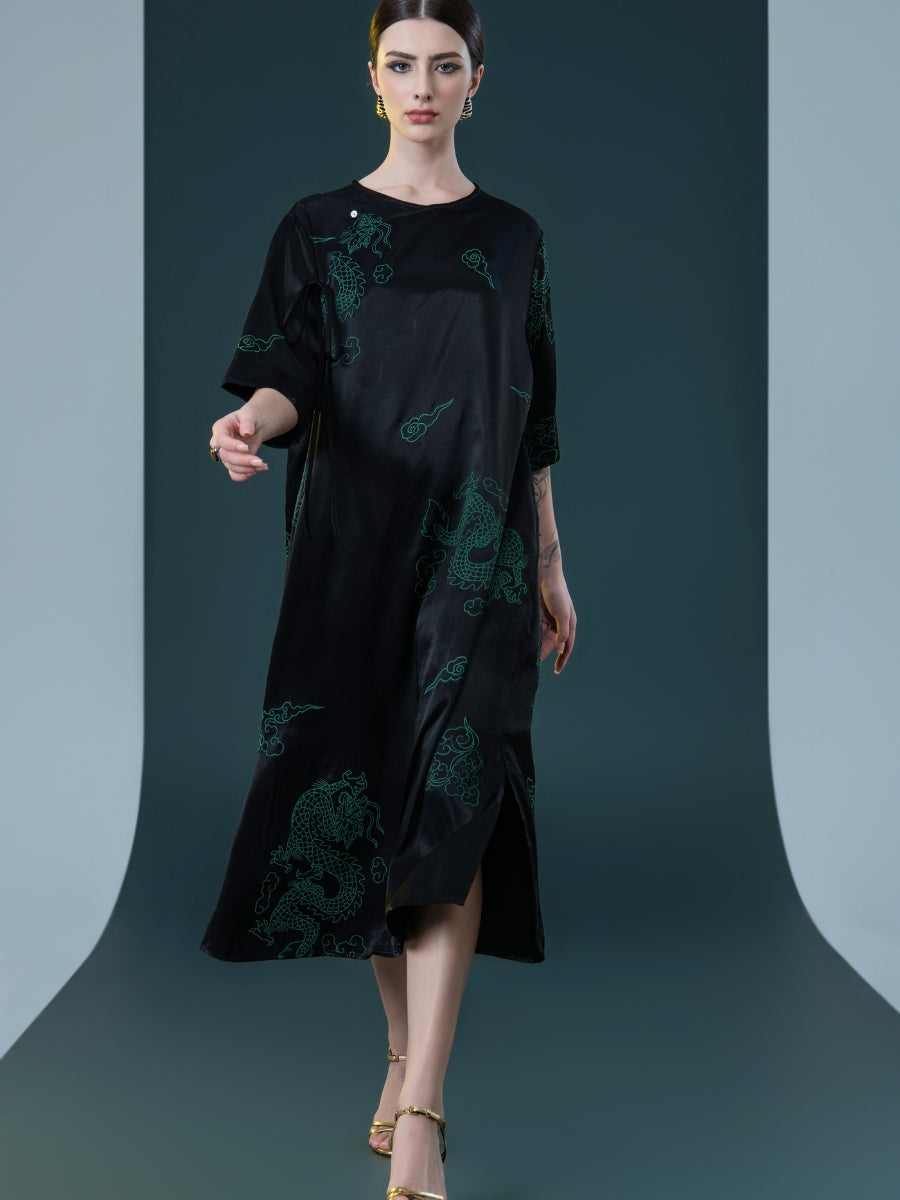 Black Silk Dragon Print Midi Dress