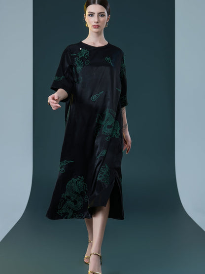 Black Silk Dragon Print Midi Dress