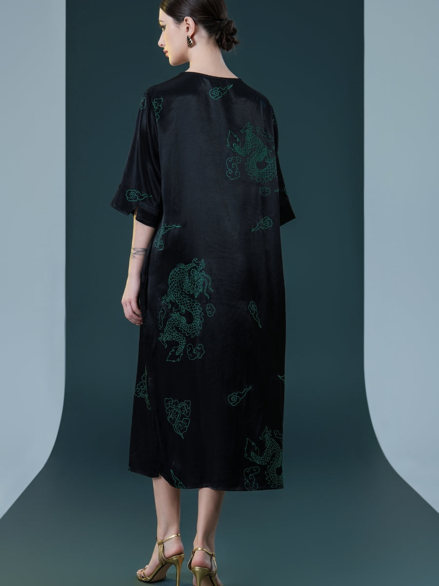 Black Silk Dragon Print Midi Dress
