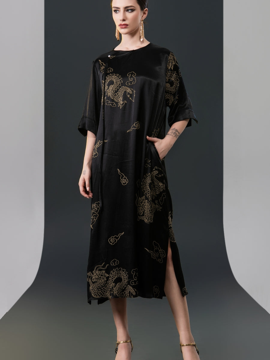 Black Silk Dragon Print Midi Dress
