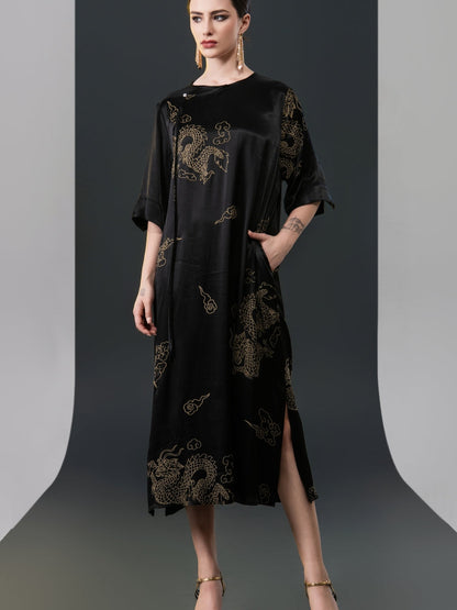 Black Silk Dragon Print Midi Dress