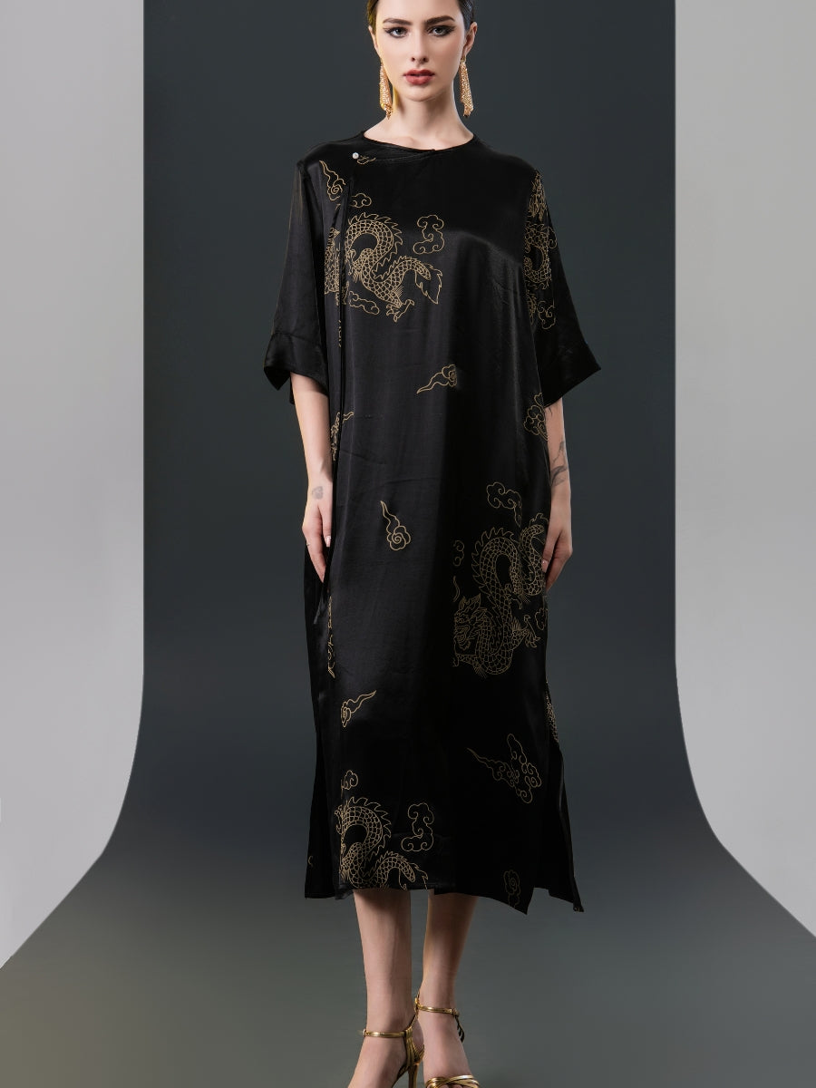 Black Silk Dragon Print Midi Dress