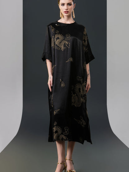 Black Silk Dragon Print Midi Dress