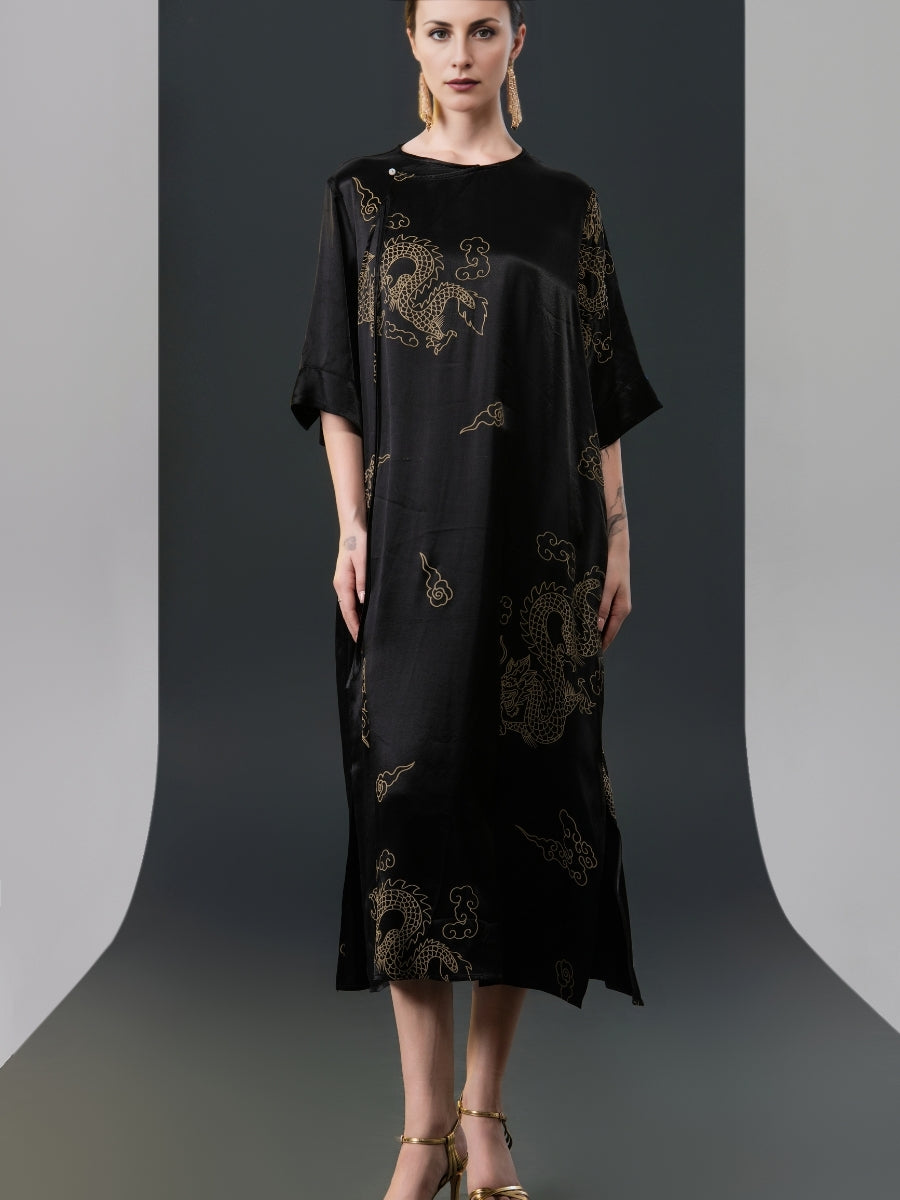 Black Silk Dragon Print Midi Dress