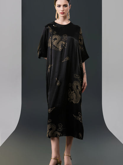 Black Silk Dragon Print Midi Dress