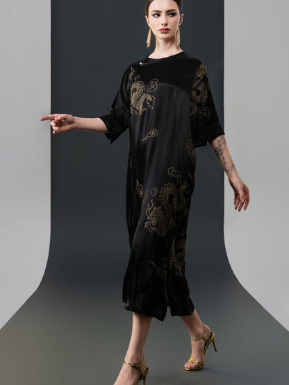 Black Silk Dragon Print Midi Dress