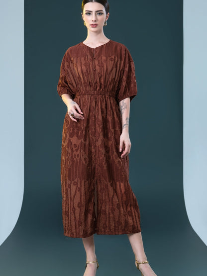 Rust Textured Midi Dress with Cinched Waist