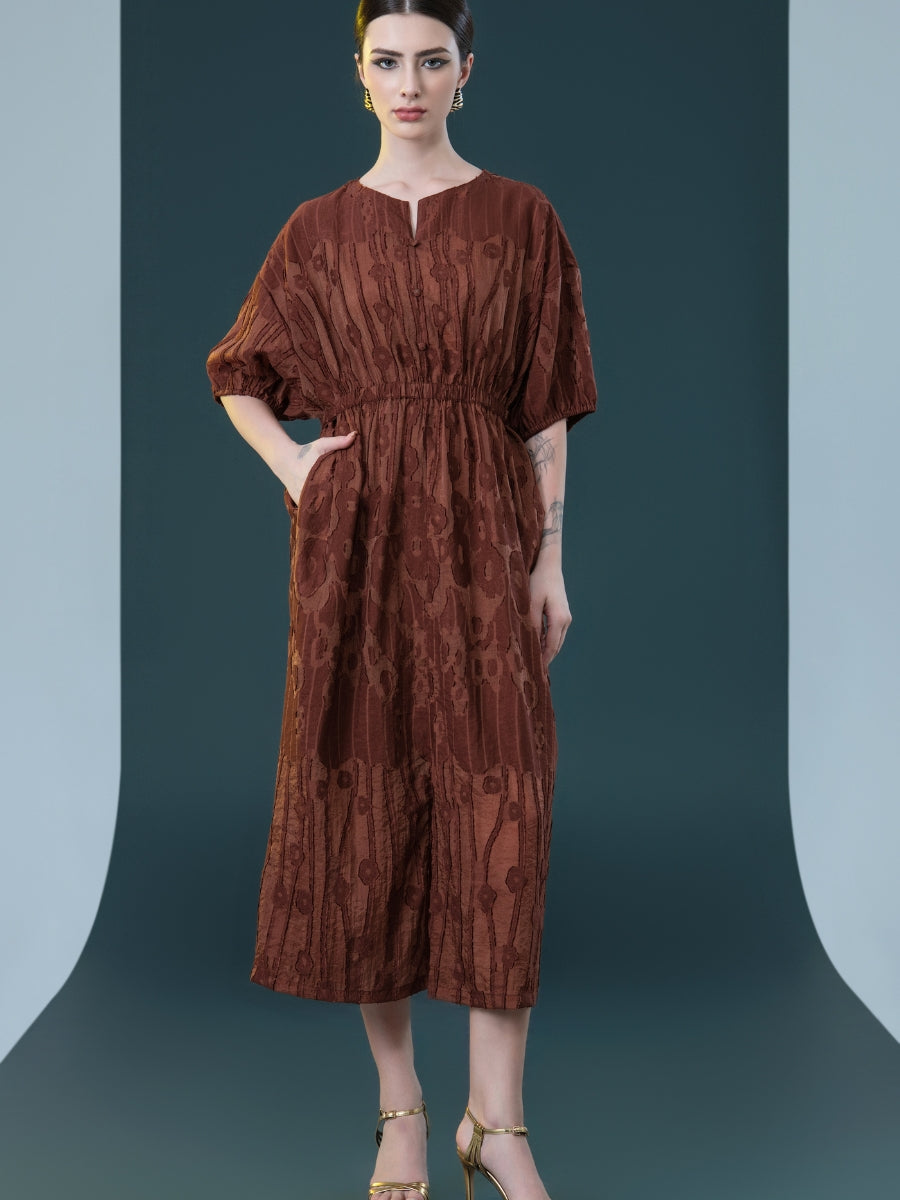Rust Textured Midi Dress with Cinched Waist