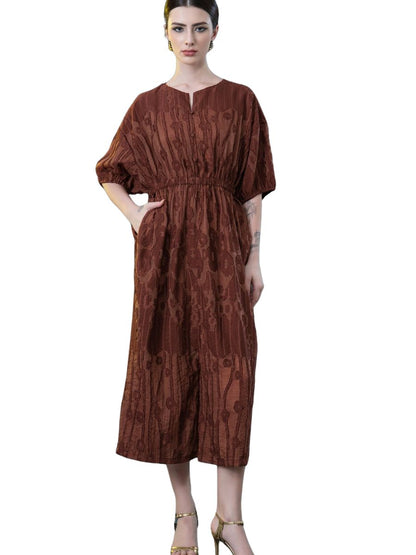 Rust Textured Midi Dress with Cinched Waist