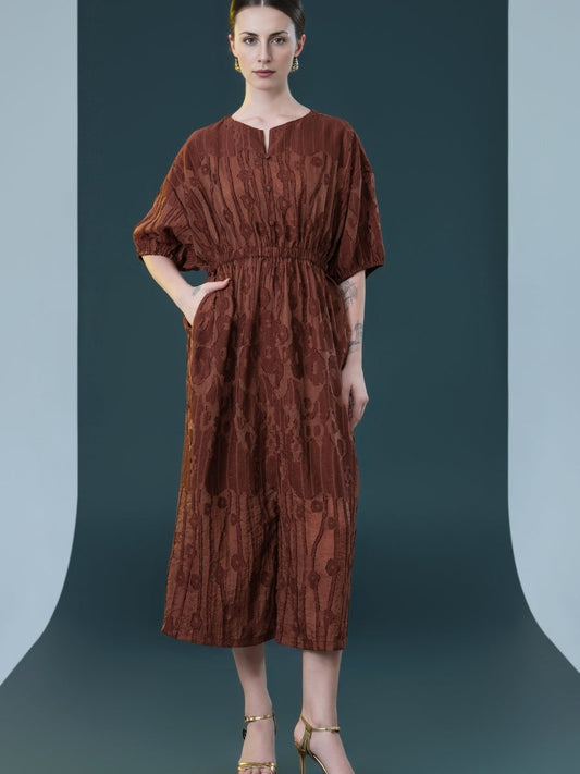 Rust Textured Midi Dress with Cinched Waist