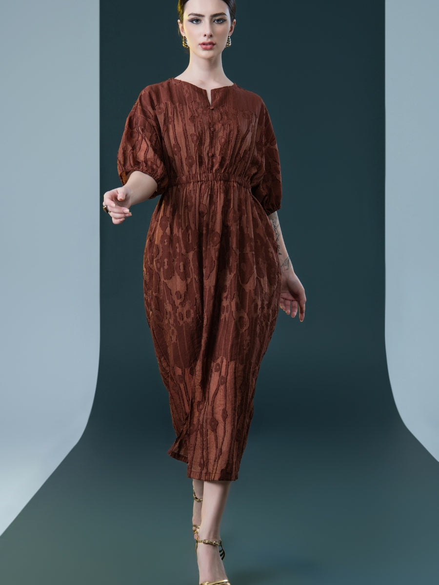 Rust Textured Midi Dress with Cinched Waist