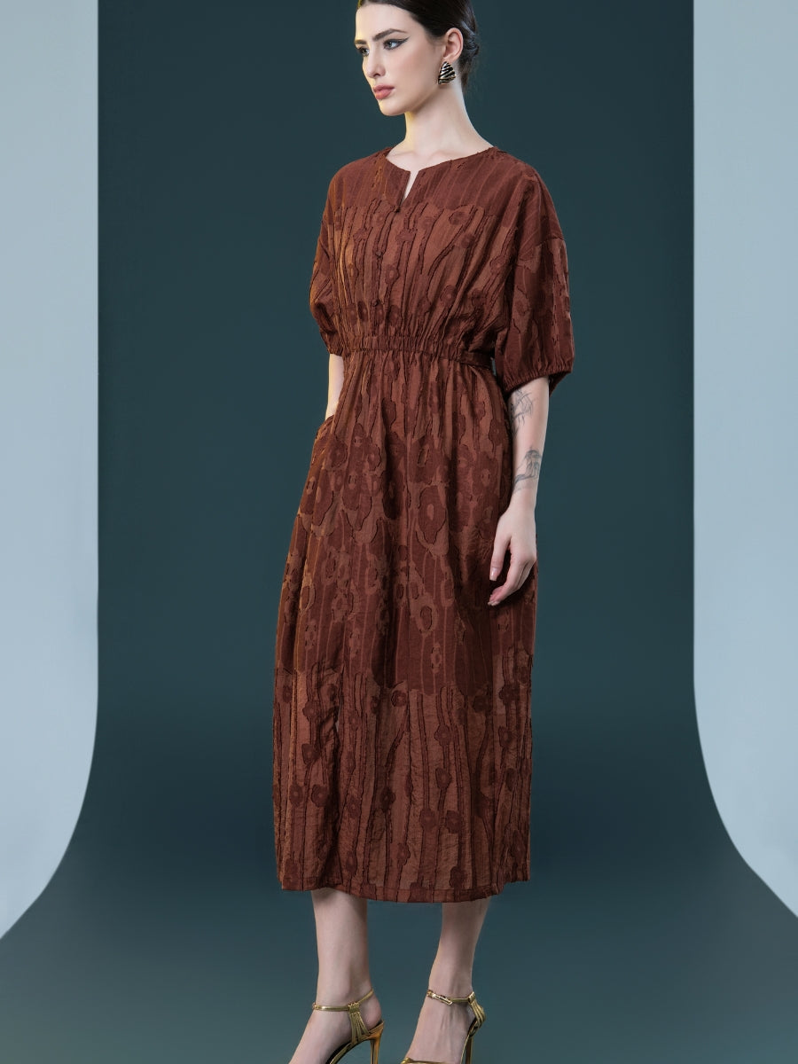 Rust Textured Midi Dress with Cinched Waist