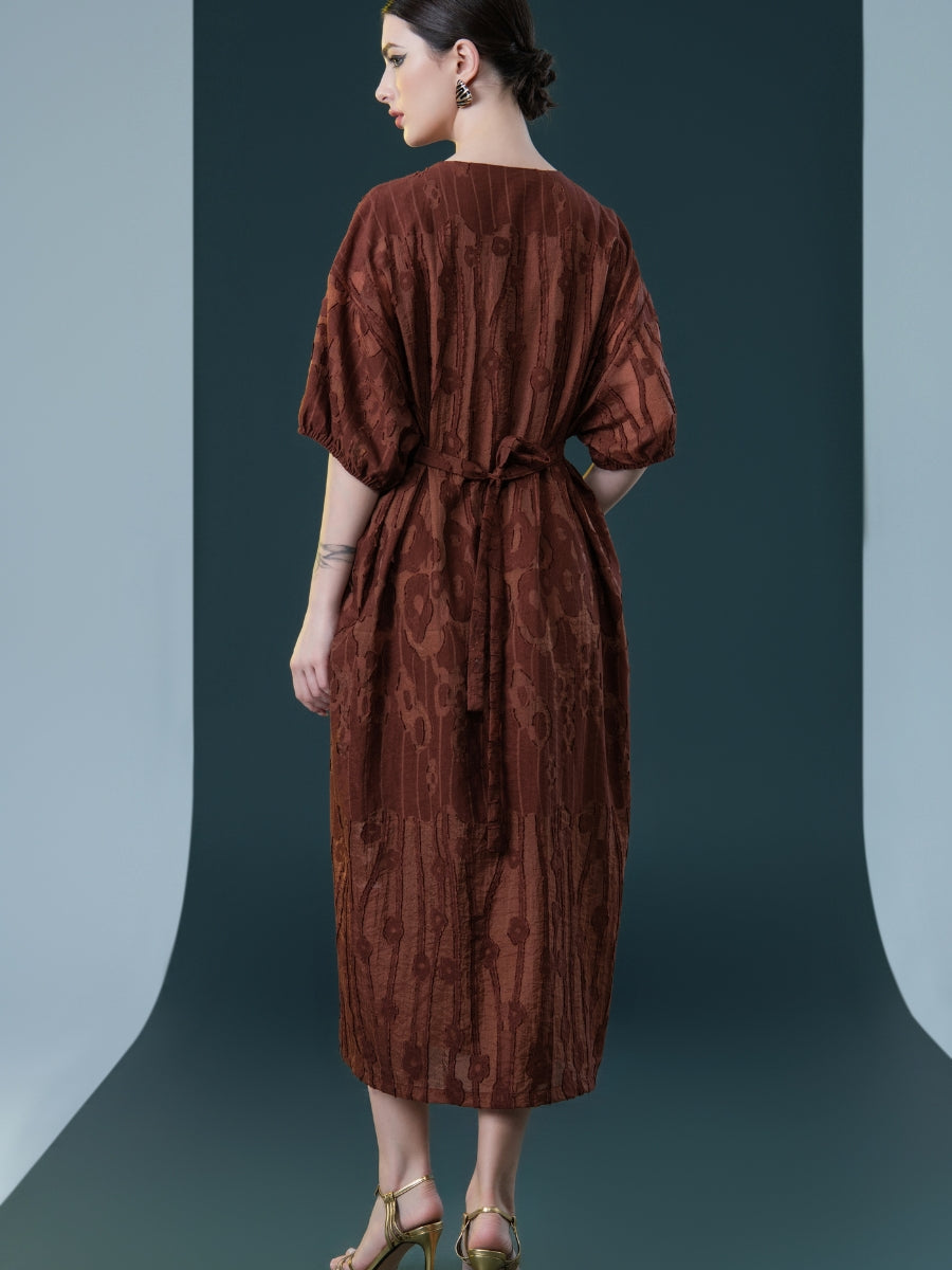 Rust Textured Midi Dress with Cinched Waist