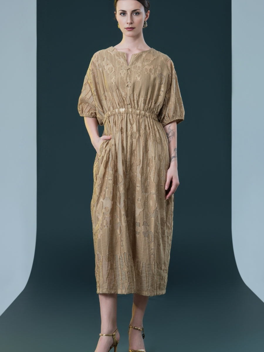 Rust Textured Midi Dress with Cinched Waist