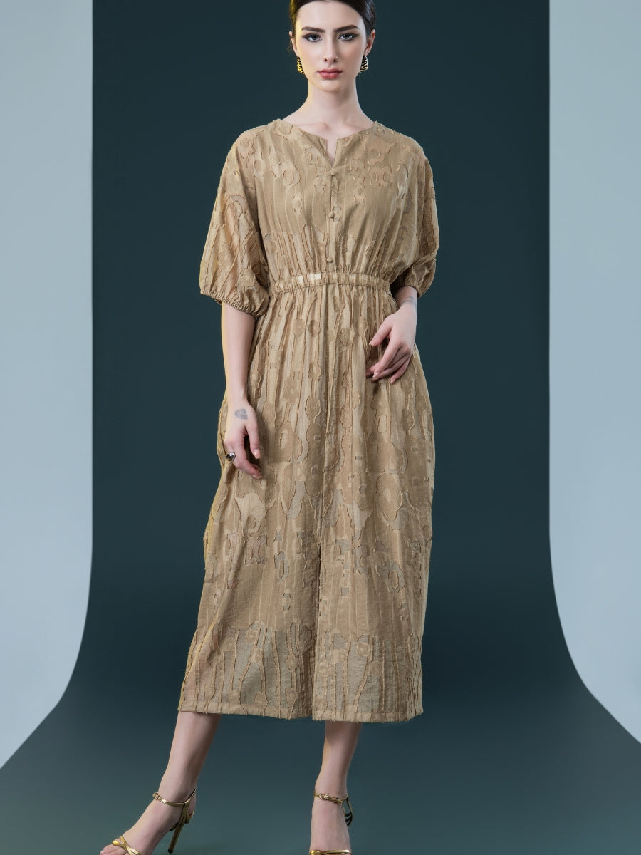 Rust Textured Midi Dress with Cinched Waist