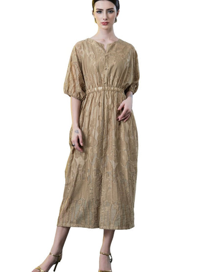 Rust Textured Midi Dress with Cinched Waist