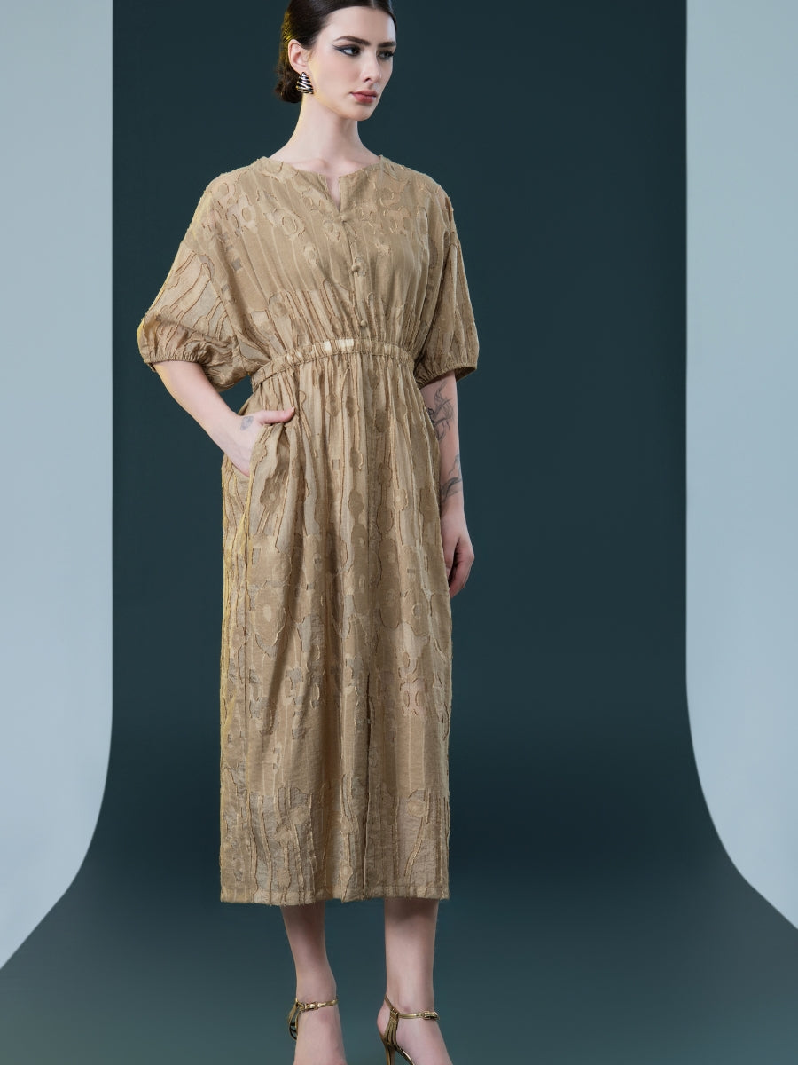 Rust Textured Midi Dress with Cinched Waist