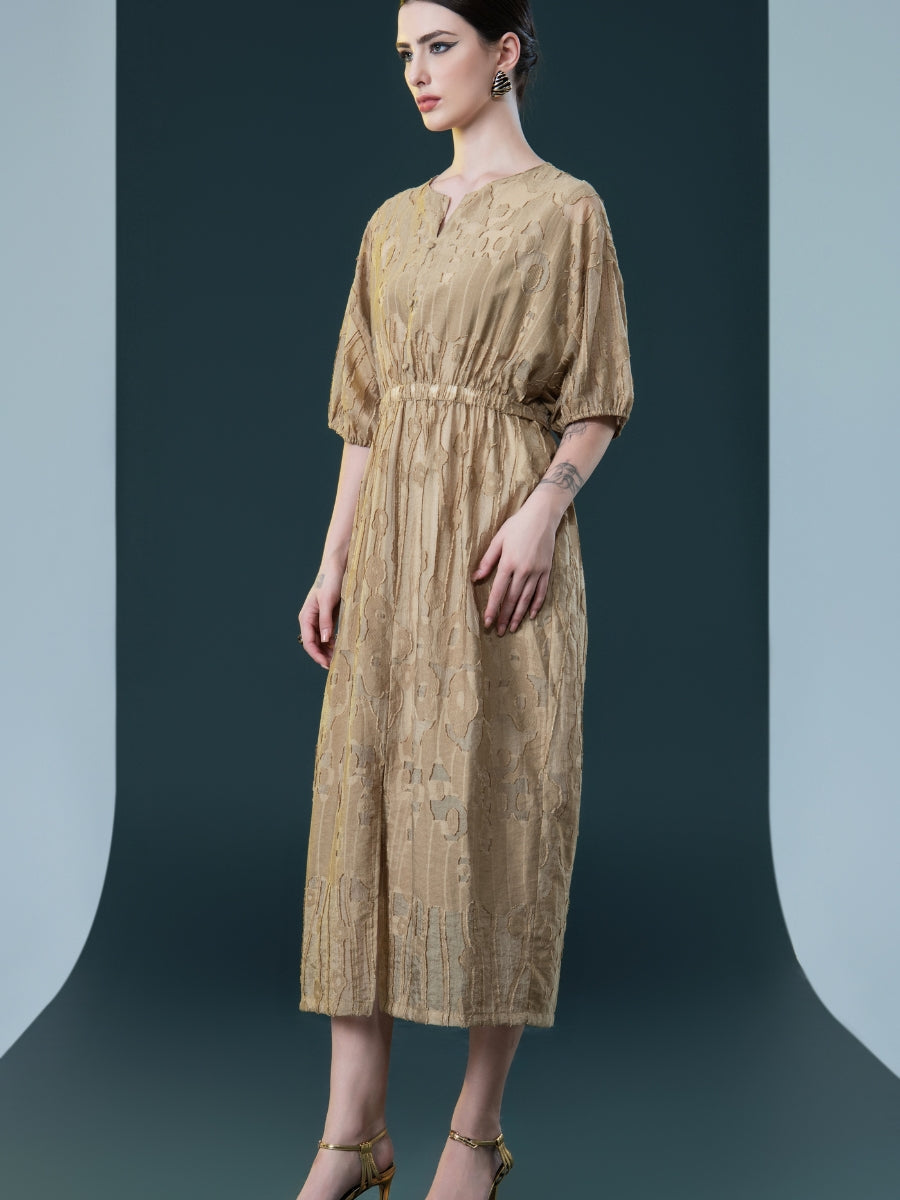 Rust Textured Midi Dress with Cinched Waist