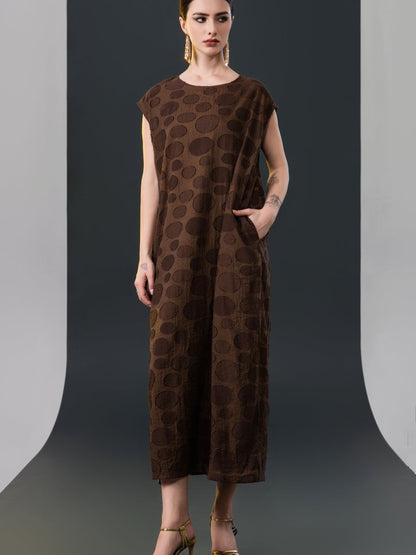 Chic Brown Sleeveless Maxi Dress with Polka Dot Texture