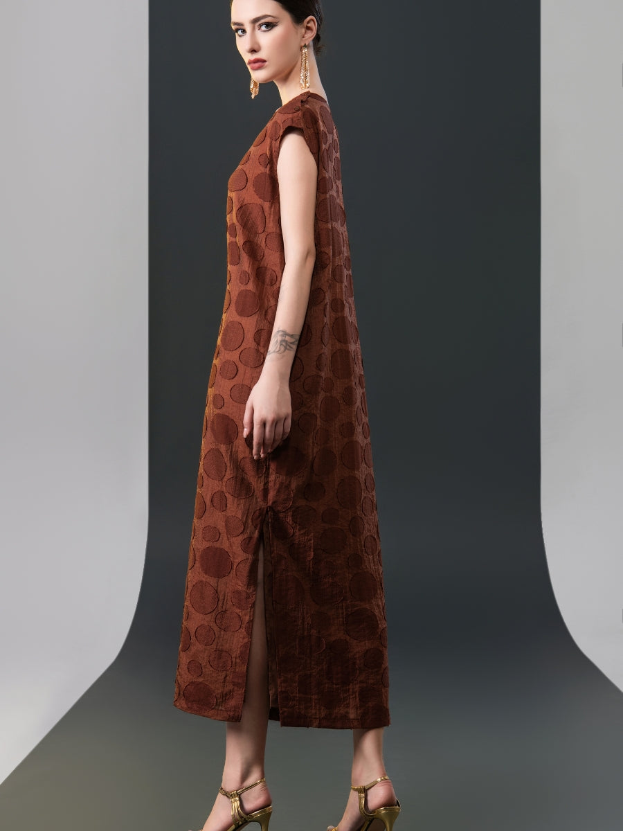 Chic Brown Sleeveless Maxi Dress with Polka Dot Texture
