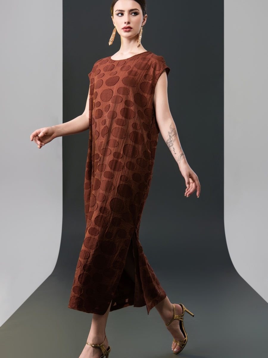 Chic Brown Sleeveless Maxi Dress with Polka Dot Texture