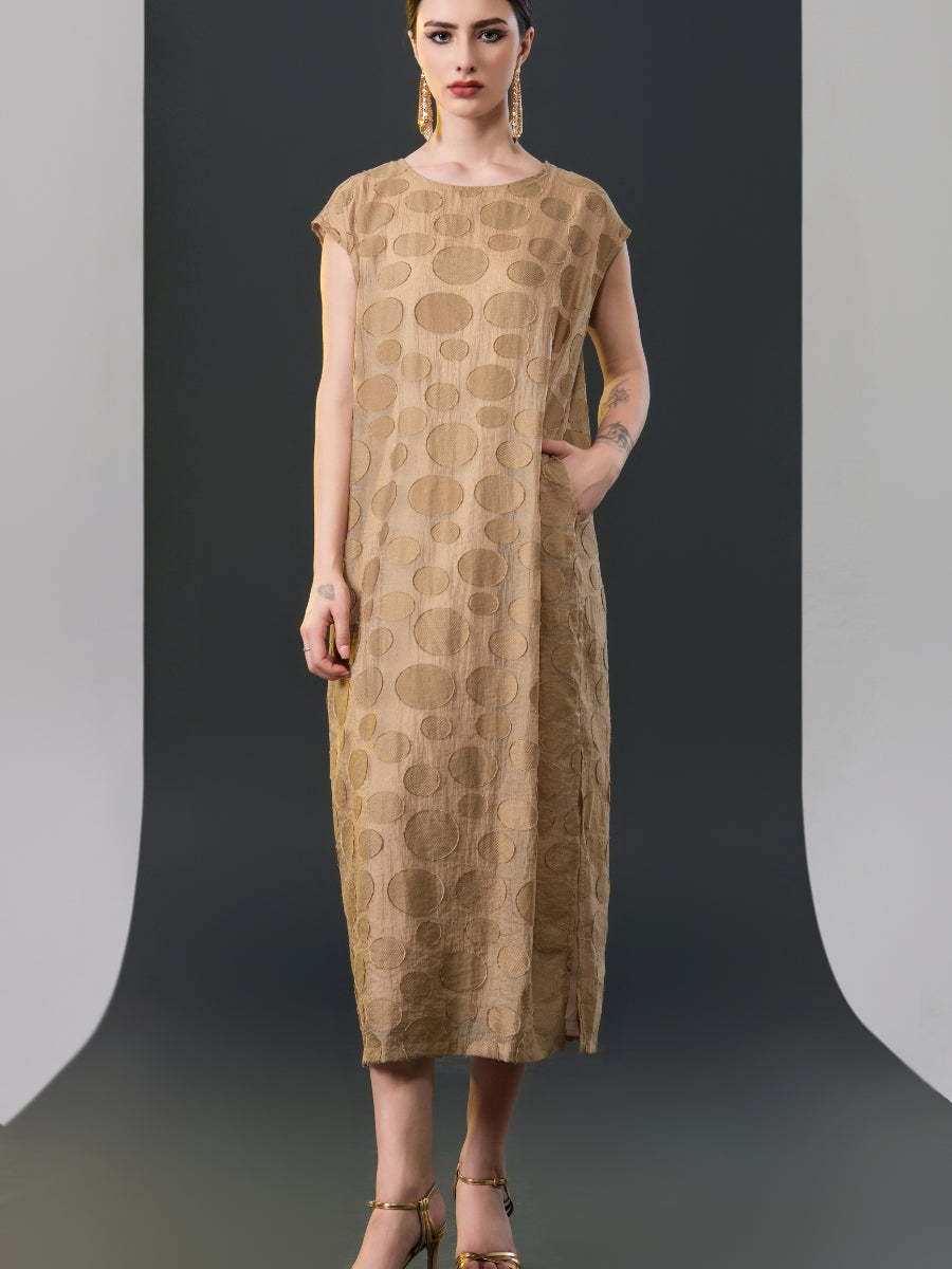 Chic Brown Sleeveless Maxi Dress with Polka Dot Texture