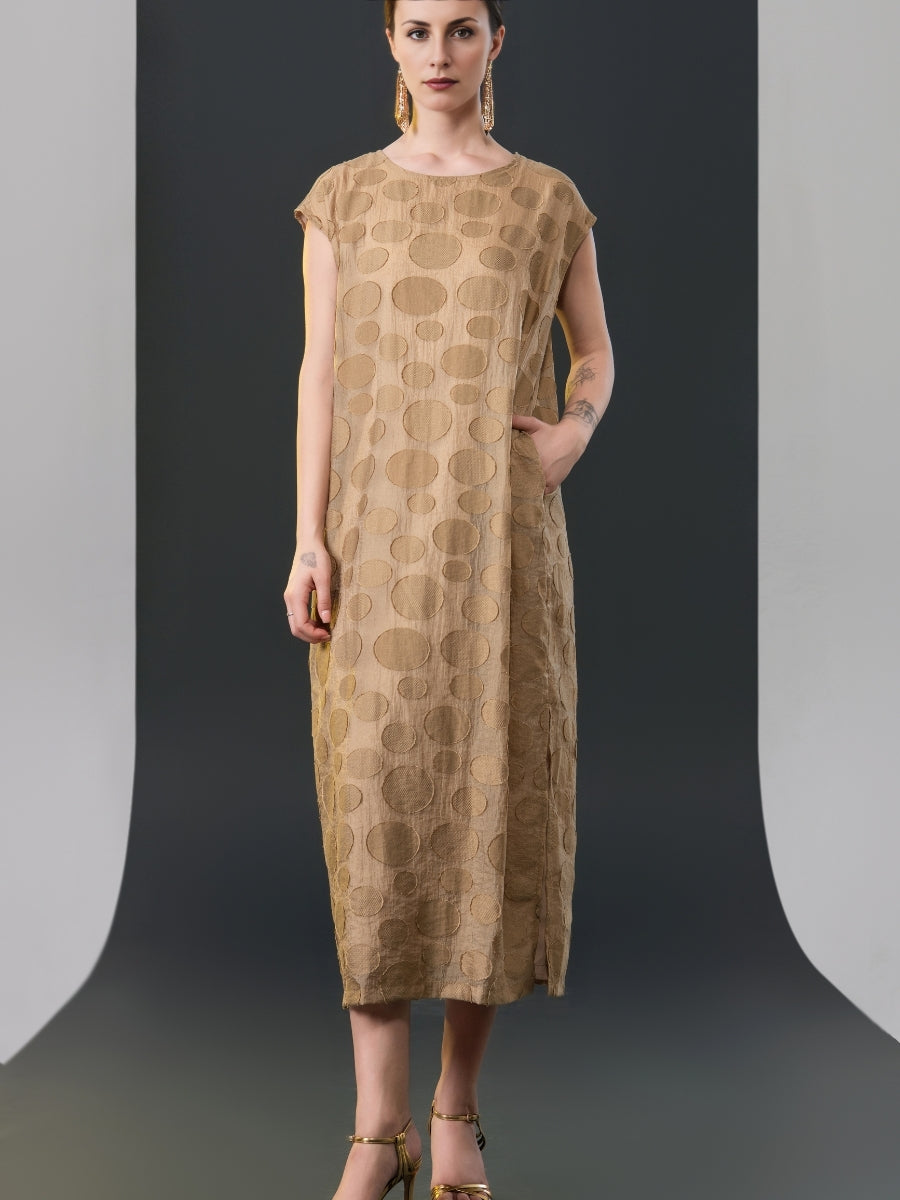 Chic Brown Sleeveless Maxi Dress with Polka Dot Texture