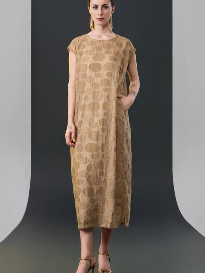 Chic Brown Sleeveless Maxi Dress with Polka Dot Texture