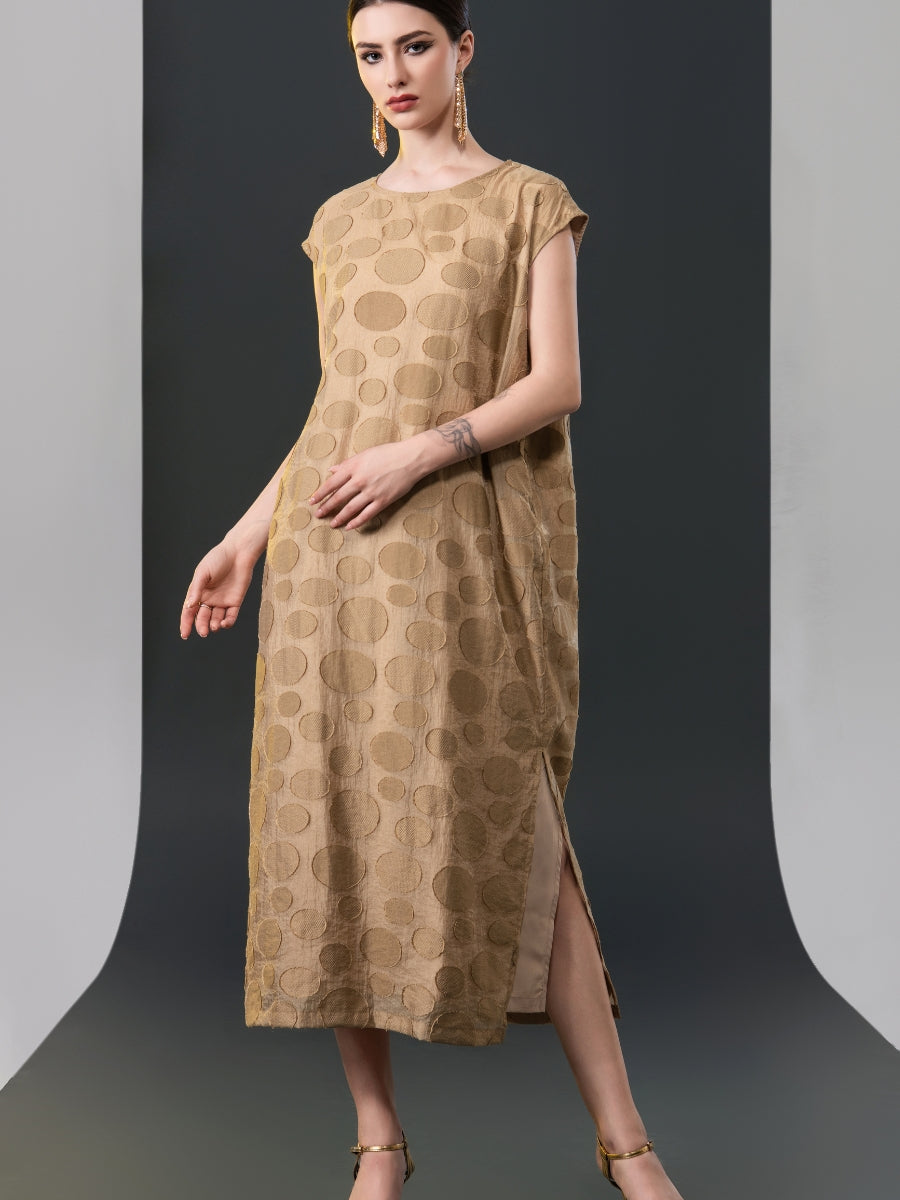 Chic Brown Sleeveless Maxi Dress with Polka Dot Texture