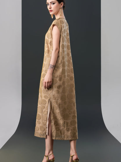 Chic Brown Sleeveless Maxi Dress with Polka Dot Texture