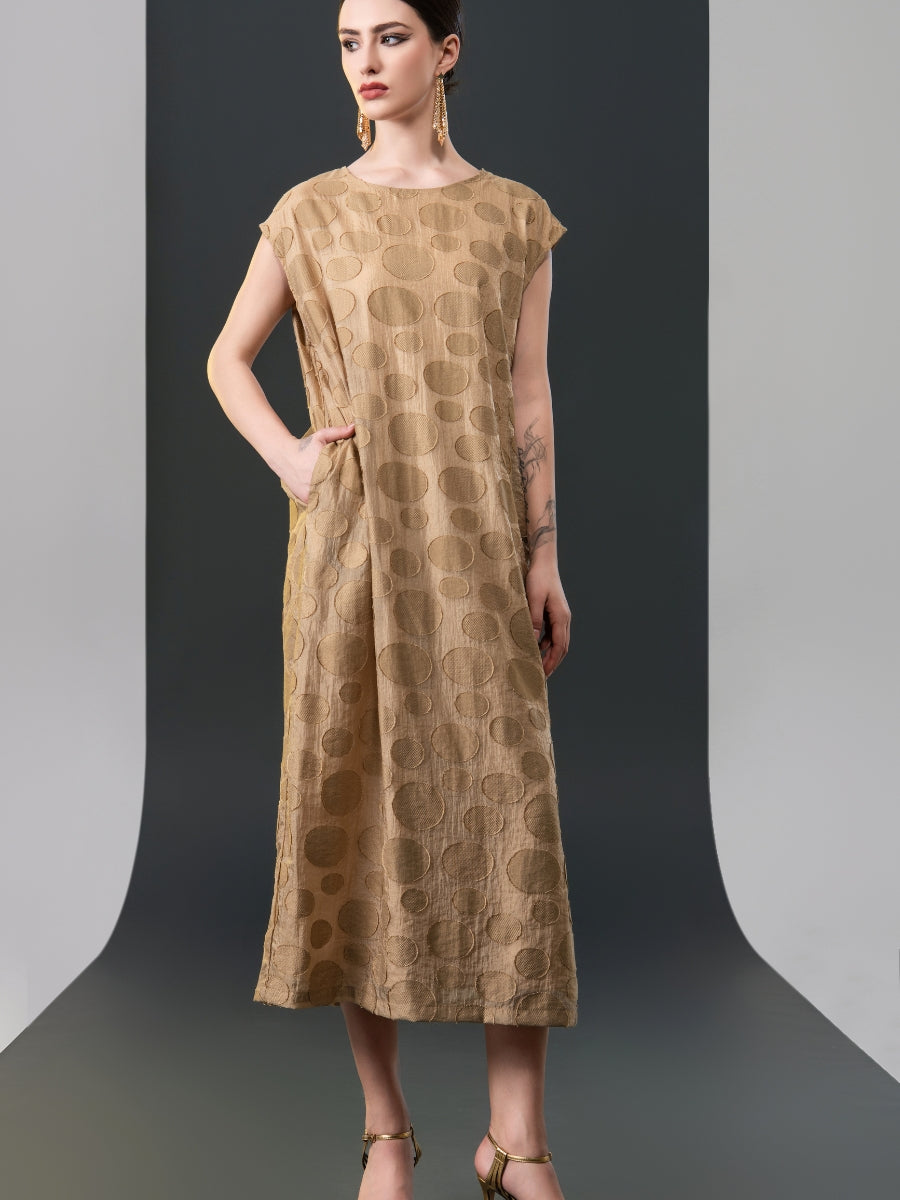 Chic Brown Sleeveless Maxi Dress with Polka Dot Texture