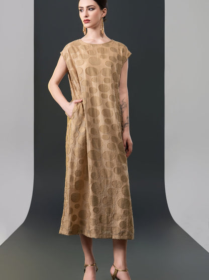 Chic Brown Sleeveless Maxi Dress with Polka Dot Texture