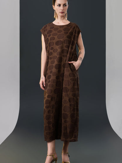 Chic Brown Sleeveless Maxi Dress with Polka Dot Texture