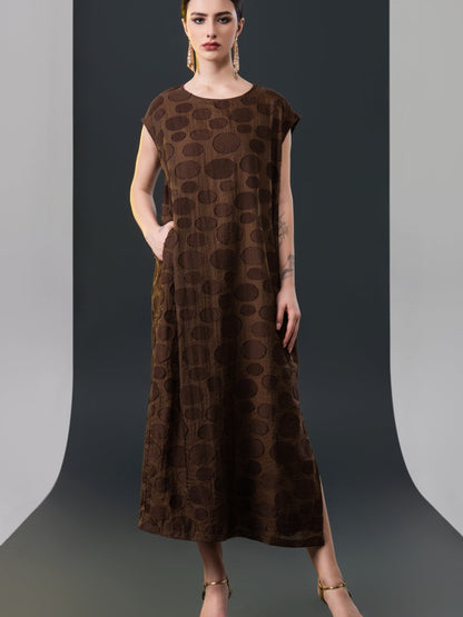 Chic Brown Sleeveless Maxi Dress with Polka Dot Texture