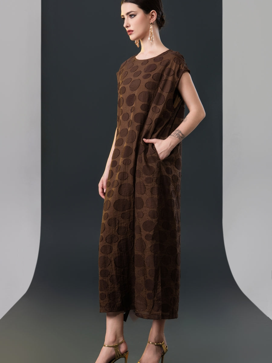 Chic Brown Sleeveless Maxi Dress with Polka Dot Texture