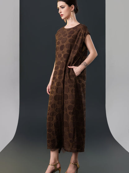 Chic Brown Sleeveless Maxi Dress with Polka Dot Texture